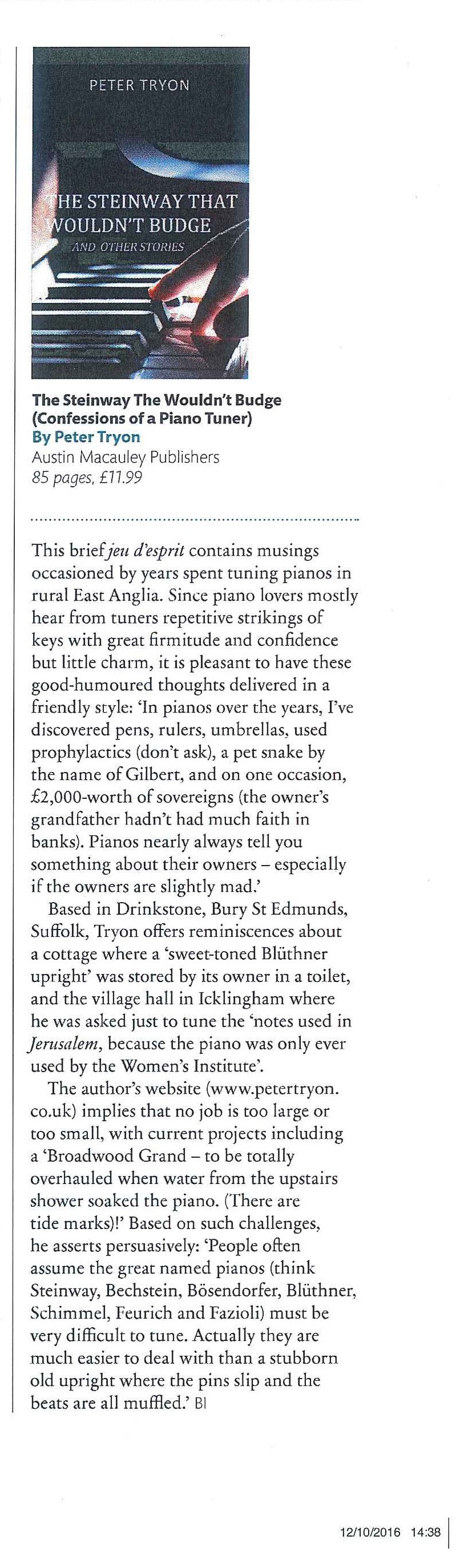 Peter Tryon's 'The Steinway that Wouldn't Budge' was reviewed by International Piano Magazine